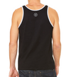 back of male model wearing the equality label tank by fifty50 apparel which is a black tank top with a grey logo near the neckline