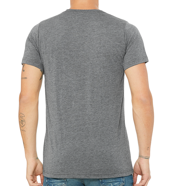 back of a male model wearing the grey relevant v-neck t-shirt by Fifty50 Apparel
