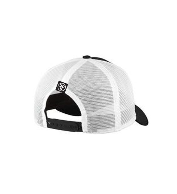 back of invisible mannequin displaying the new era relevant 50/50 trucker by fifty50 apparel which is a black cap with a white mesh back and a sewn on logo tag