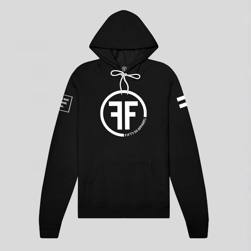 A black hoodie with three white logos. Left arm logo is an equal sign and right arm text says, Fifty 50 Apparel is made for equality. No more, no less, just equal.  Center chest logo has two Fs, back to back outlined by a thick circle. 