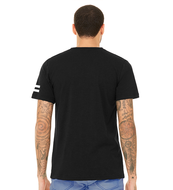 The back of a man in a black t-shirt to show the fit, and that there is no graphic on the back. Equal sign is on the left sleeve.
