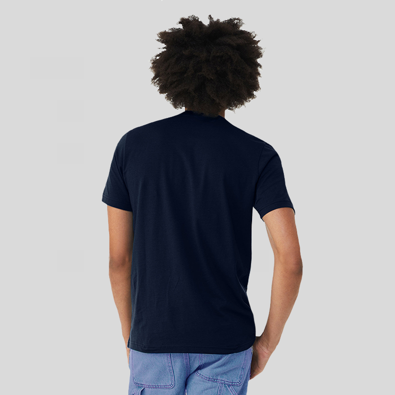 The back of a man in a navy blue equality tshirt to show the fit, and that there is no graphic.