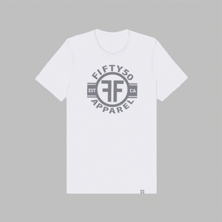 A white equality tshirt with a grey graphic. The logo is in grey with the text, Fifty50 Apparel Est CA and two Fs, back to back, outlined by a circle. 