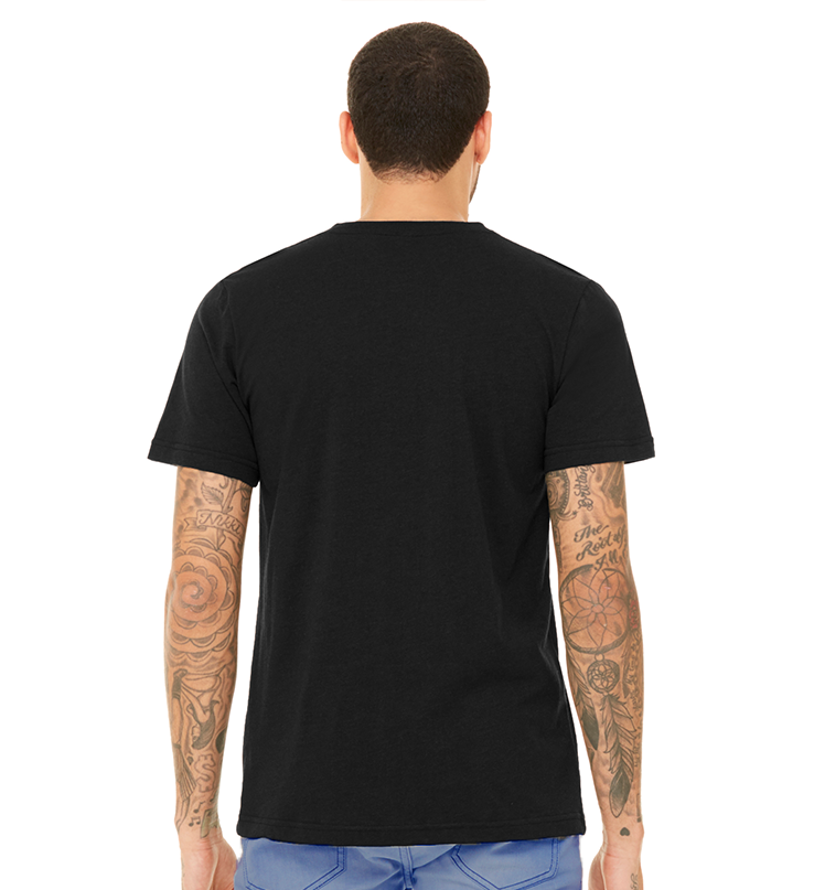 The back of a man in a black t-shirt to show the fit, and that there is no graphic.