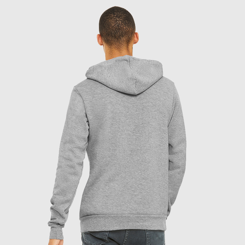 The back of a man wearing a light grey hoodie to show the fit. There is no graphic or logo.