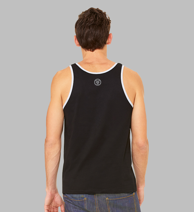 Back of a man wearing a black tank top with a heather collar and arm trim. A grey logo is below the collar that has two Fs, back to back, with a circle around it.