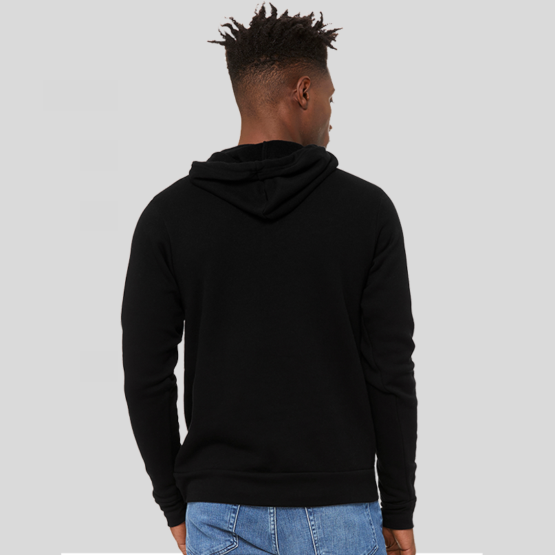 The back of a man in a black hoodie to show the fit, and that there is no graphic.
