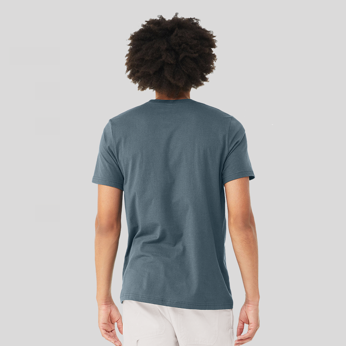 The back of a man in a Slate Blue t-shirt to show the fit, and that there is no graphic.