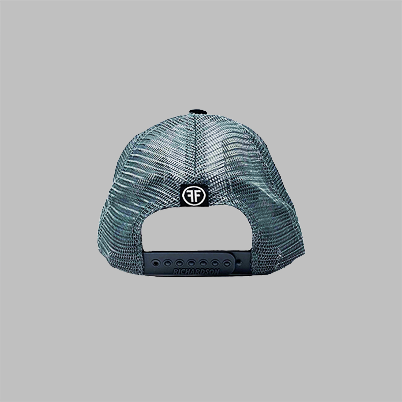 The back of a dad hat with grey mesh panels and a black snapback. There is a black sewn on tag the back that has two Fs, back to back, in white, surrounded by a circle.