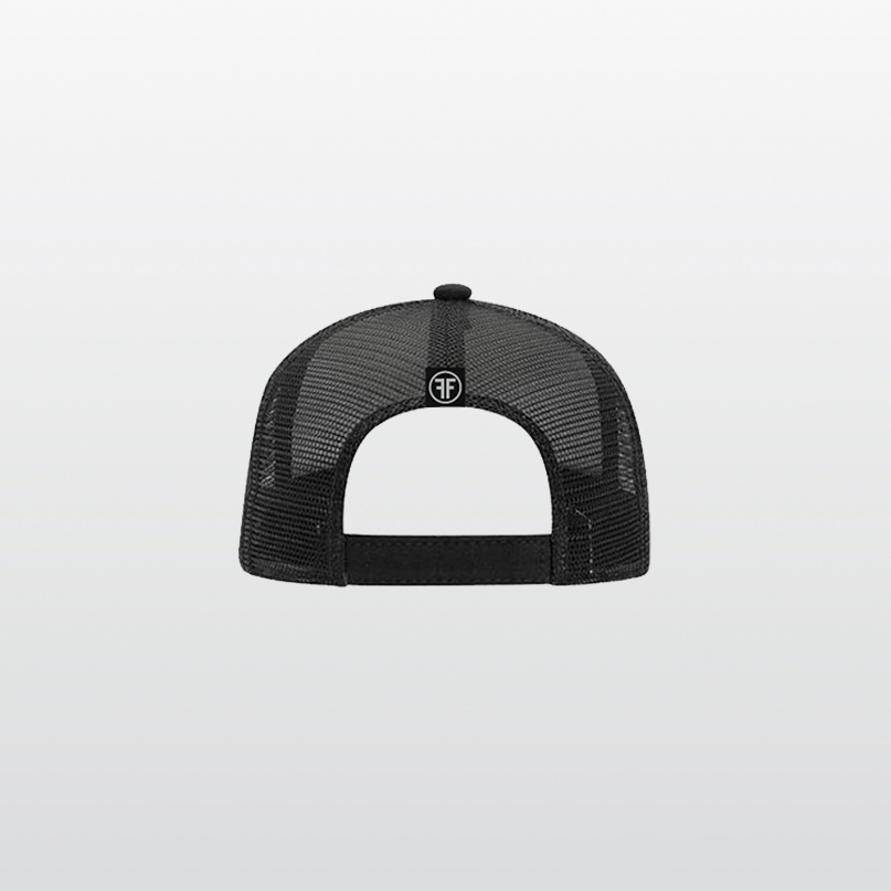 Back of a trucker hat with black mesh panels. A sewn on label is in black, and has two grey Fs, back to back, surrounded by a circle.