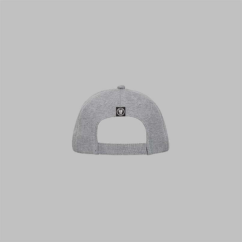 Back of a grey textured linen hat with a black sewn on label. The embroidered logo has two grey Fs, back to back, surrounded by a circle.