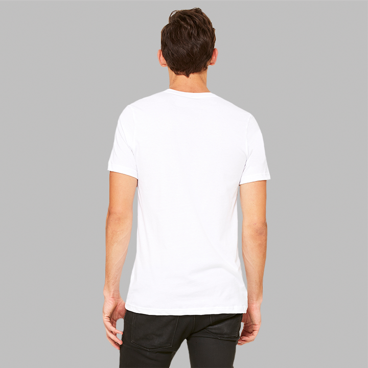 Back of a man in a bella canvas white t-shirt to show the fit and that there is no graphic.