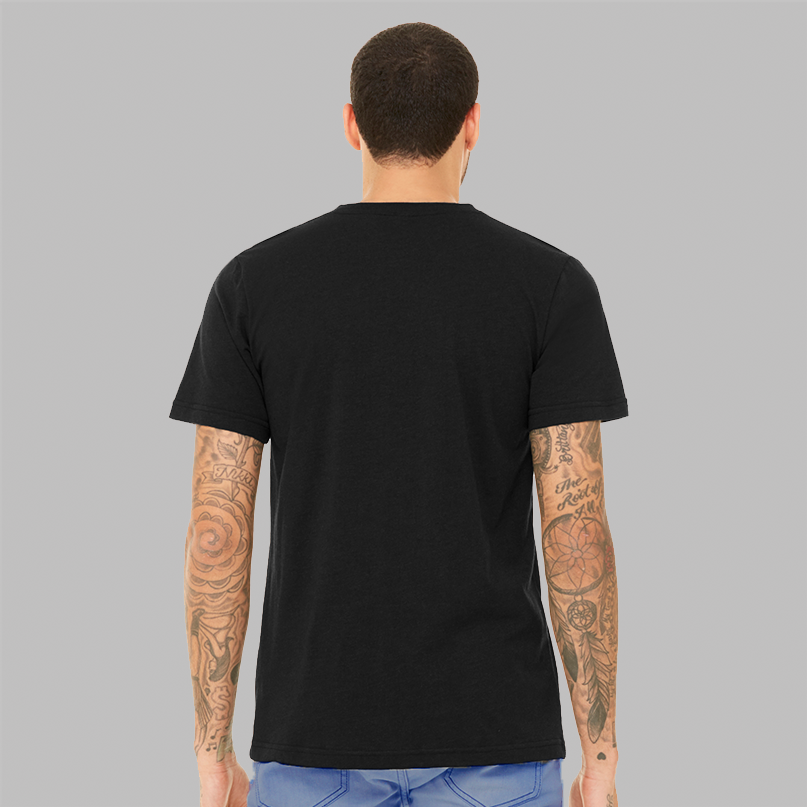 The back of a man wearing a black t-shirt to show it is a slim fit. There is no graphic or logo.