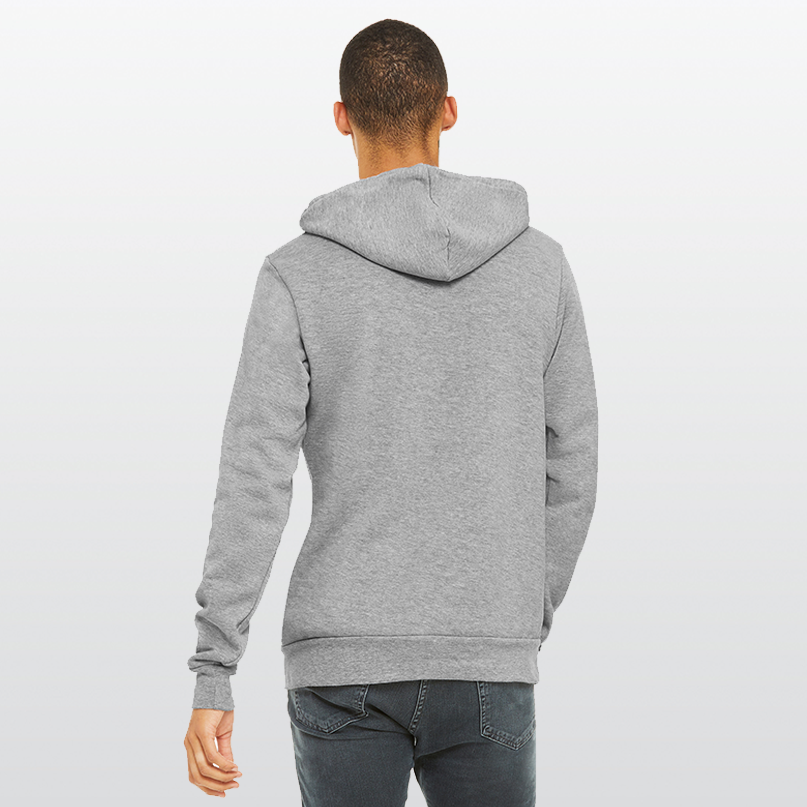 The back of a man in a grey hoodie to show the fit, and that there is no graphic.