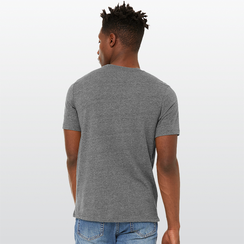 The back of a man in a grey t-shirt showing it is a standard fit. There is no logo.