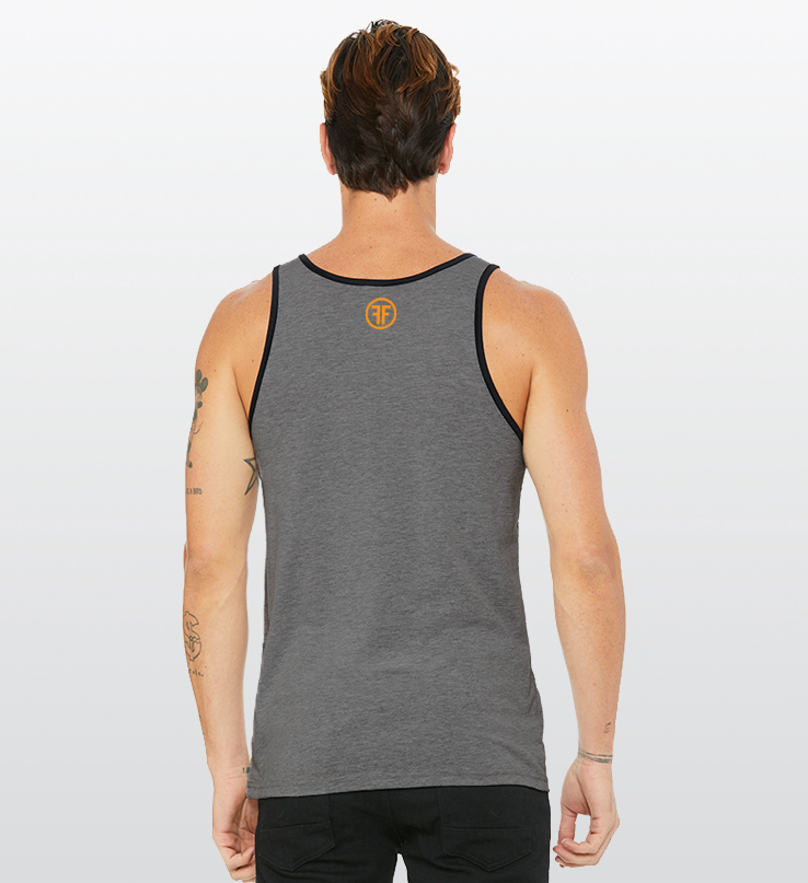 Back of a man wearing a grey tank top with black trim around the collar and arms. The orange logo is below the collar, and is two Fs, back to back, in a circle