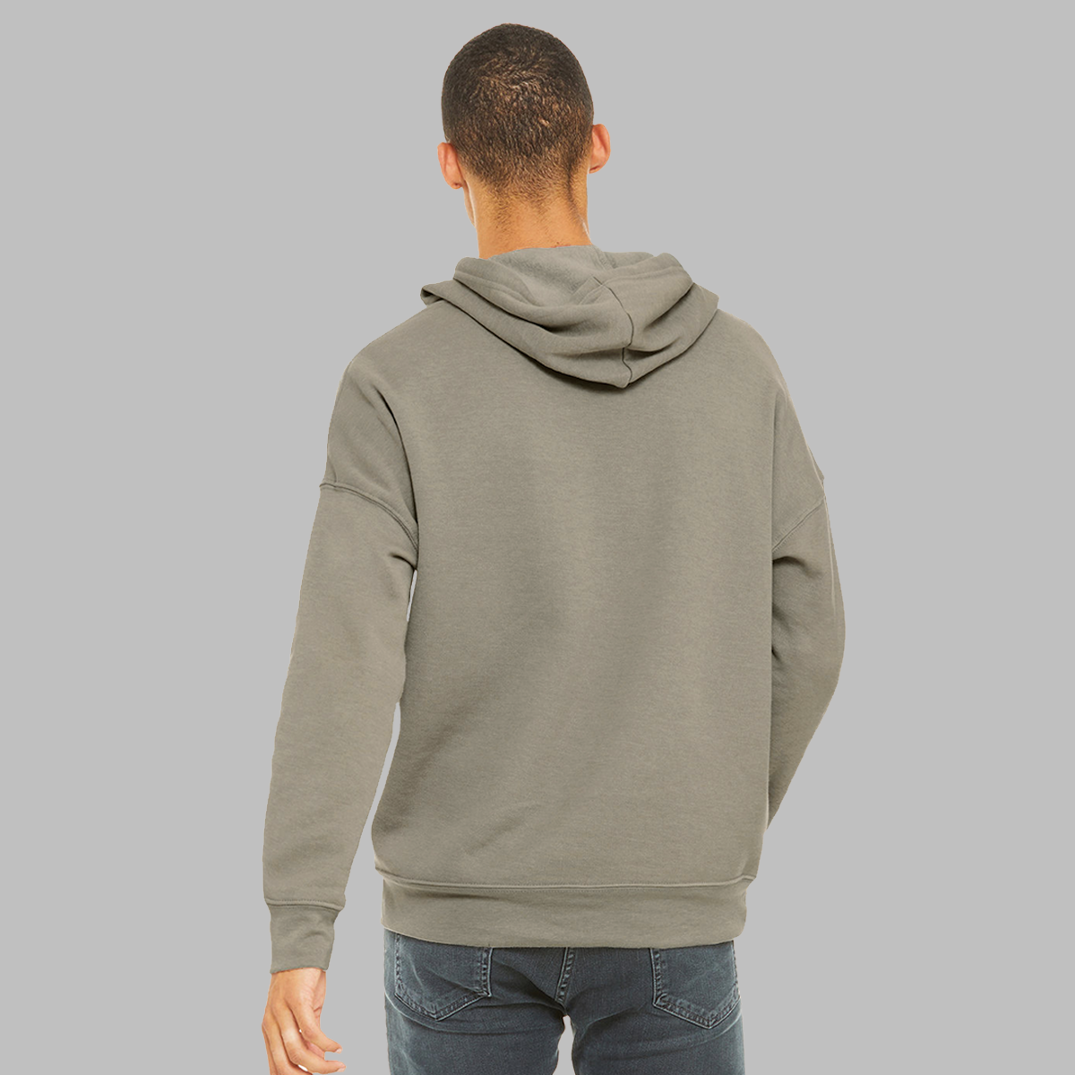 The back of a man wearing a political hoodie that is slate taupe. It shows a loose fit and that there are no graphics.