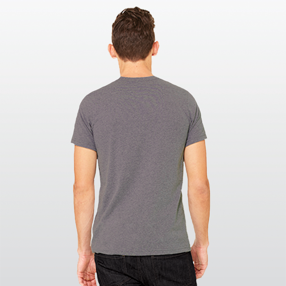 The back of a man wearing a Slate Purple t-shirt to show the slim fit and that there are no graphics.