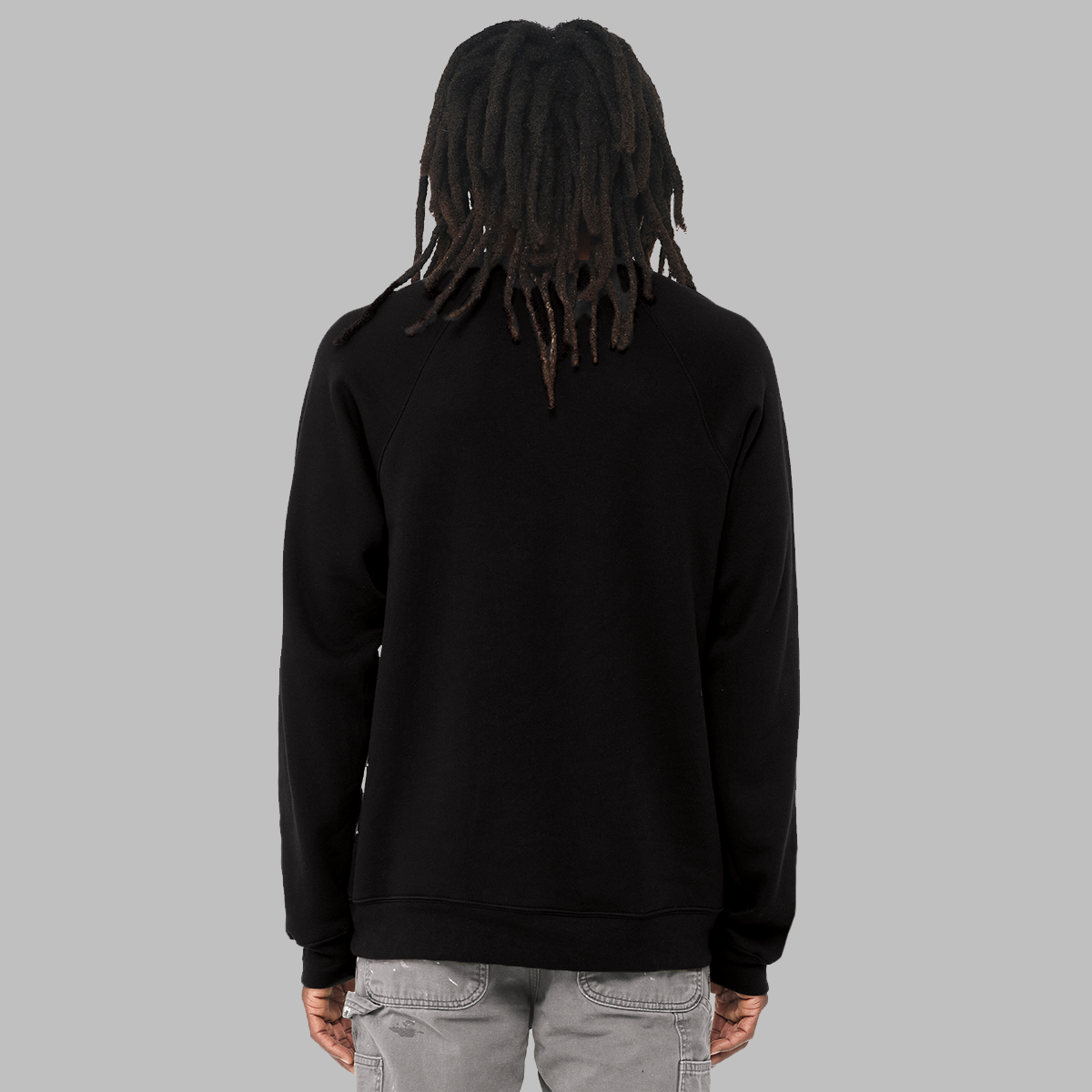 The back of a man wearing a black sweatshirt to show a standard fit and that there are no graphics.