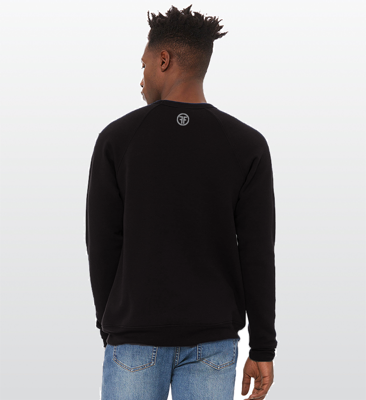 Back of a man wearing a black crew sweatshirt. A grey logo, below the collar line, has two Fs, back to back, with a circle around it. 