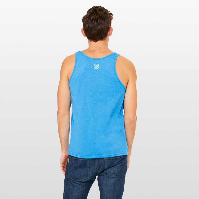 The back of a man in a heather turquoise equality tank top to show a slim fit. There is a white bold font logo with two Fs, back to back, surrounded by a circle. 