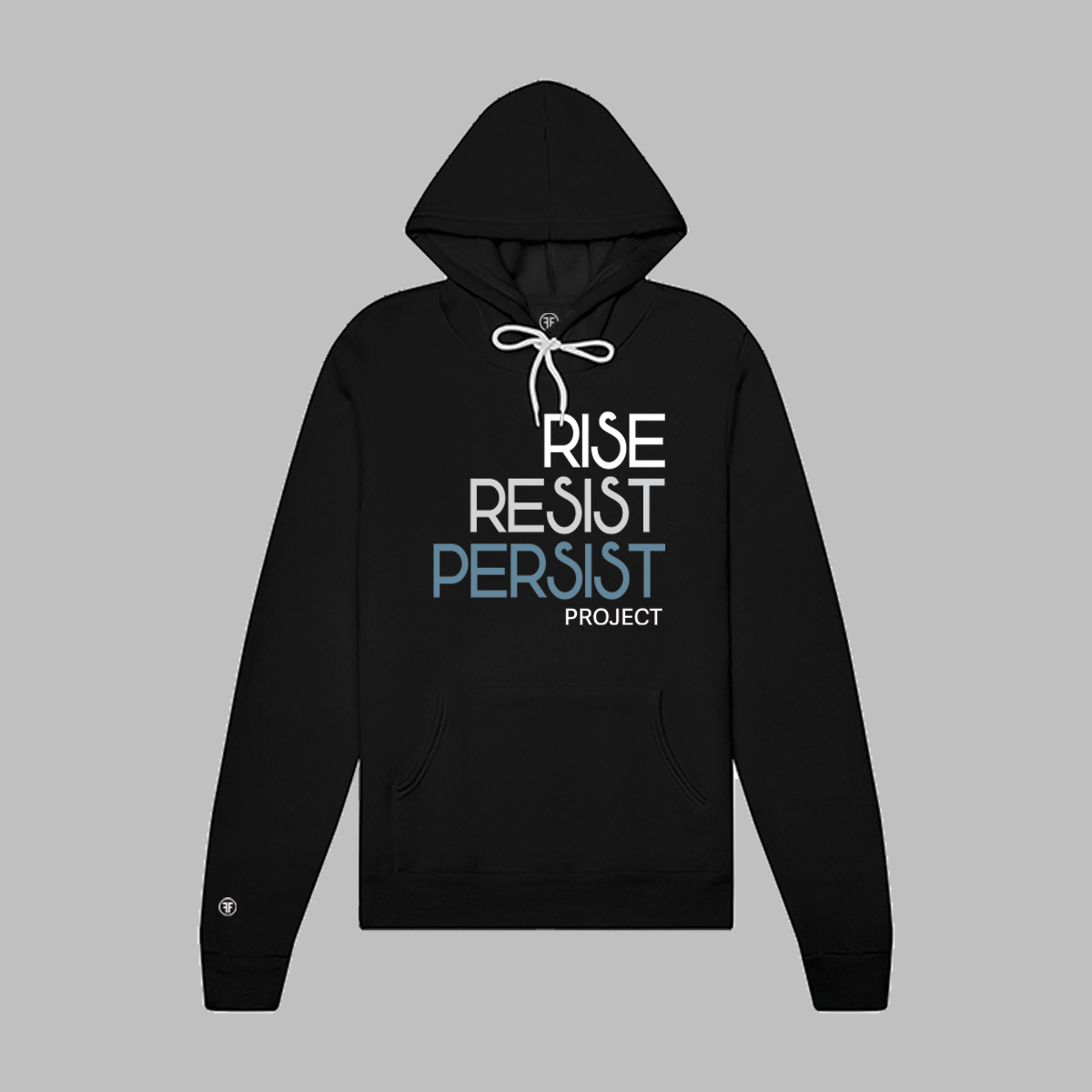 A black, unisex anti Trump hoodie. The text says Rise, Resist, Persist Project in bold white, light grey and Slate Blue.