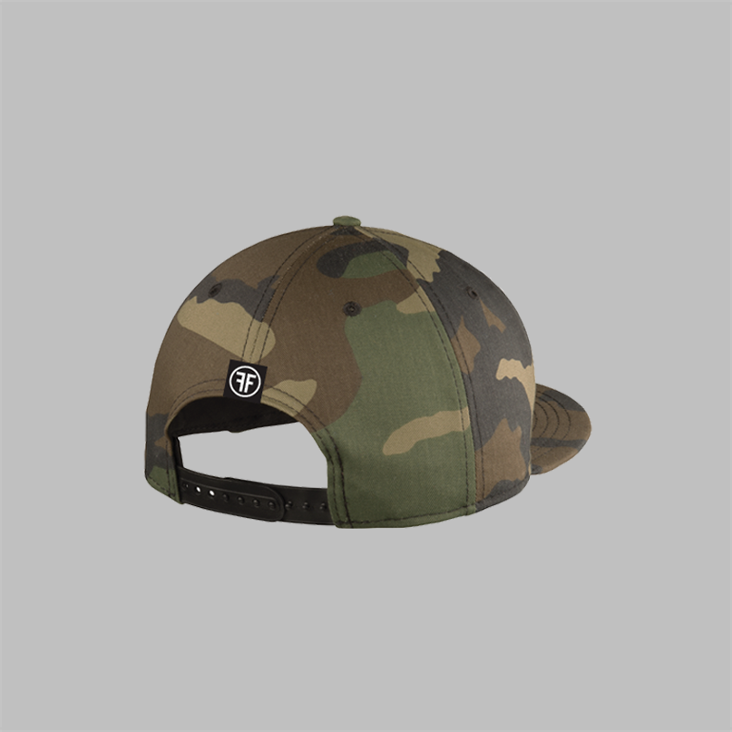 The back of a camouflage, flat bill, snapback equality hat. It shows a sewn on  black tag with two Fs, back to back, surrounded by a circle.