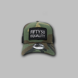 A camouflage, trucker, snapback equality hat. It has a black patch that has the embroidered text Fifty50, Equality, in bold, grey font.