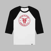 A white baseball t-shirt with a black collar and arms. Red center chest logo is round and has the text Fifty 50 at the top and Equality at the bottom with two Fs, back to back in the middle.