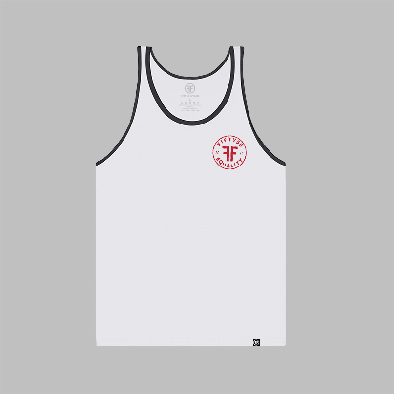 A white tank top with black trim. Red left chest logo is round and has the text Fifty 50 at the top and Equality at the bottom with two Fs, back to back in the middle.