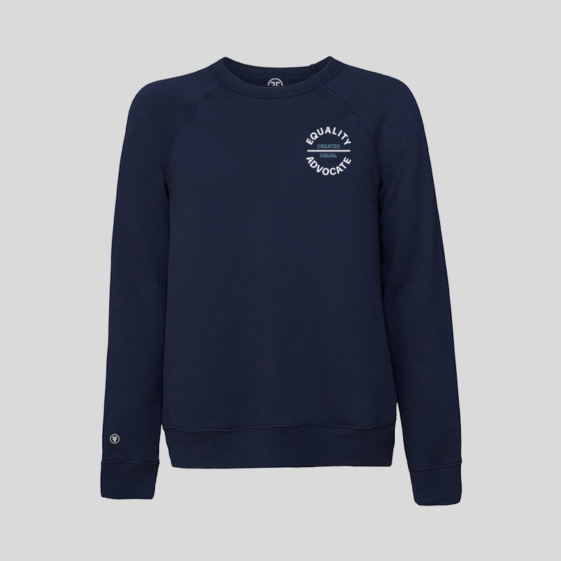 A navy blue equality crew sweatshirt with a left chest circular logo. The text Equality Advocate is in white, bold font, and the text Created Equal is in Slate Blue, bold font.