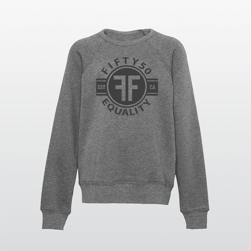 A heather grey equality crew sweatshirt. The text of the black graphic says Fifty50, Equality, and has two Fs, back to back in a circle.