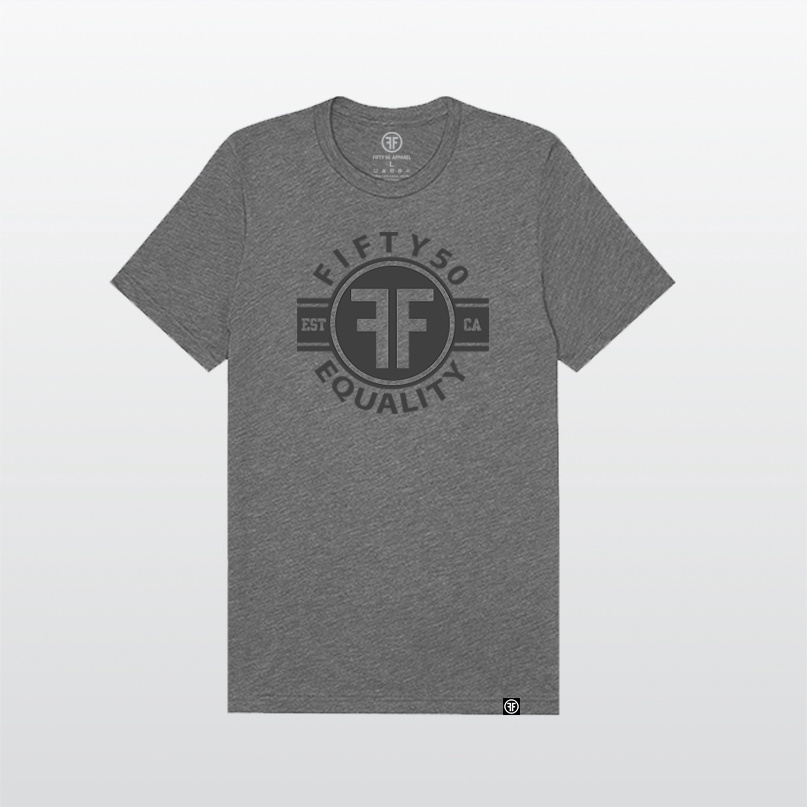 A charcoal grey equality tshirt with a black graphic.  The logo text says Fifty50, Equality, and there are two Fs, back to back in the center inside a circle. 