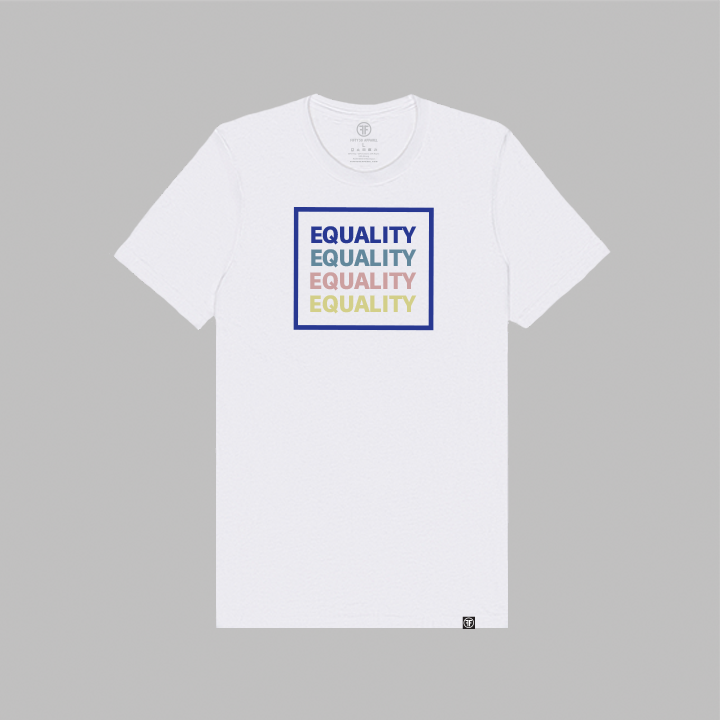 A white equality tshirt with the text Equality, stacked four times in a row, in navy blue, Slate Blue, Dusty Rose, and Bisque Gold. The text is in bold font and is outlined by a navy blue square.  