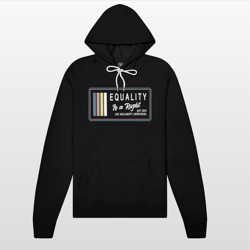 A black hoodie with the text, Equality, Life and Liberty, and Born Equal, in white bold font. The text, Is a Right, is in white script font. On the side of the logo are stripes of the colors Slate Blue, Dusty Rose, Bisque Gold, and white.