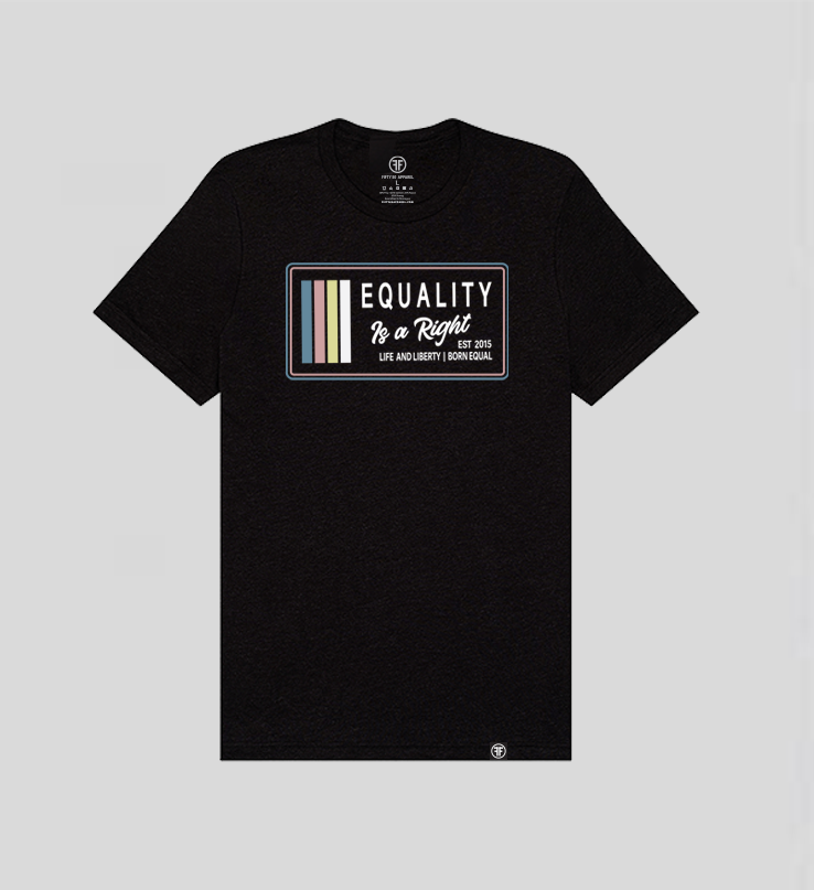 A black t-shirt with the text, Equality, Life and Liberty, and Born Equal, in white bold font. The text, Is a Right, is in white script font. On the side of the logo are stripes of the colors Slate Blue, Dusty Rose, Bisque Gold, and white.