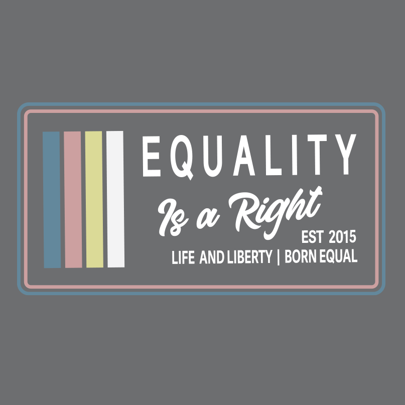 A logo with a grey background with the text, Equality, Life and Liberty, and Born Equal, in white bold font. The text, Is a Right, is in white script font. On the side of the logo are stripes of the colors Slate Blue, Dusty Rose, Bisque Gold, and white.