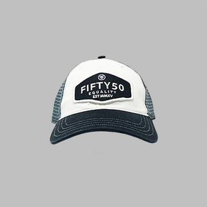 An equality dad hat with a white front, black bill, and grey mesh sides. The sewn on black patch has the text in white, bold font, Fifty50, Equality and the date, 2015, in Roman numerals.