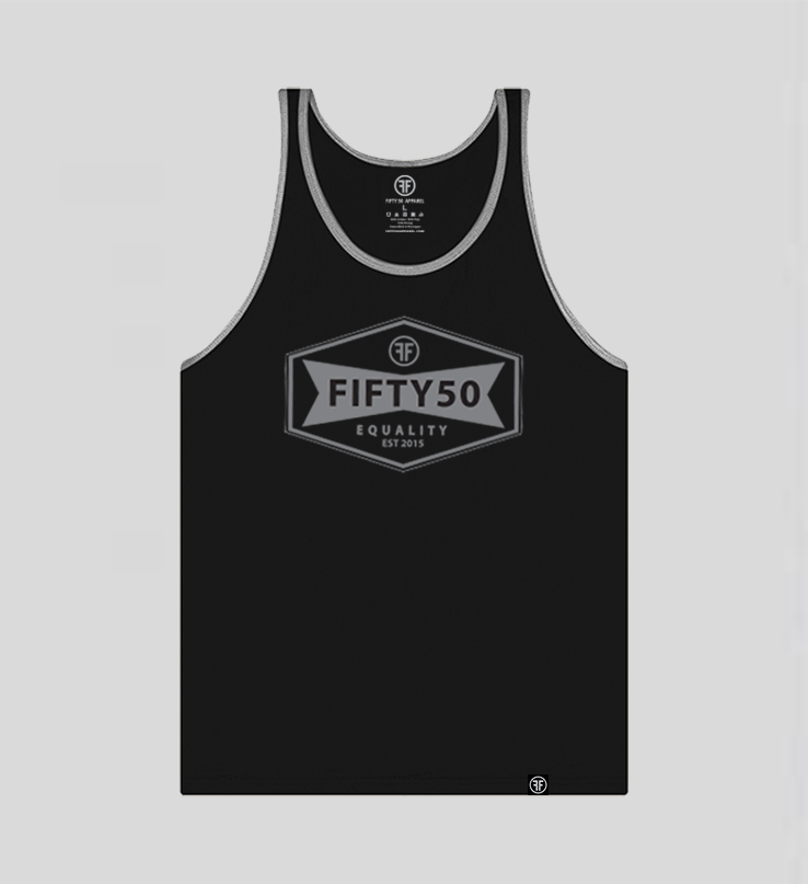 A black tank top for equality, with a grey collar and arms, and a grey logo. The logo is a narrow, yet wide hexagon with text that says Fifty50, Equality, Established 2015 inside of it.