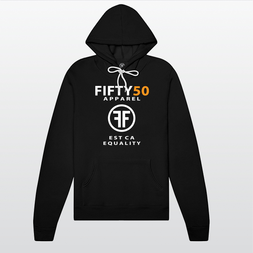 A black lgbt hoodie with the text, Fifty 50 Apparel and Est Ca Equality in white, bold font. The 50 is in orange ink and the center of the logo has two Fs, back to back in a circle.