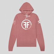 A heather mauve equality hoodie with a white equal sign on left arm, and the text, Fifty 50 Apparel is made for equality, no more, no less, just equal, on the right arm.  Center chest logo has two Fs, back to back with a circle.