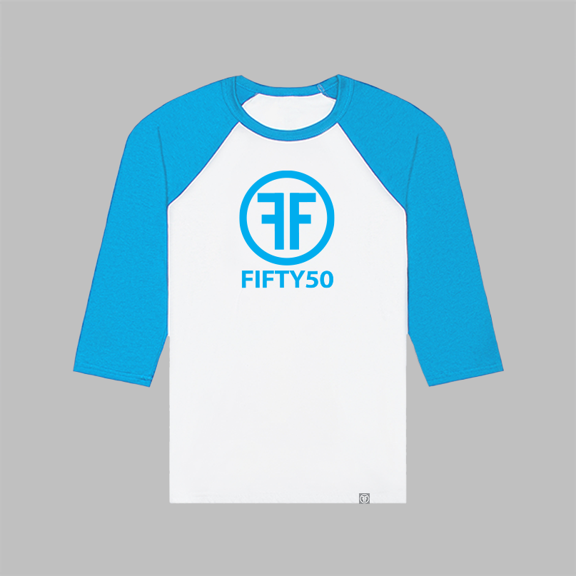 A white baseball equality t-shirt with a turquoise collar and arms. The logo is turquoise with two Fs, back to back in the middle of a circle with the text, Fifty50 below it.