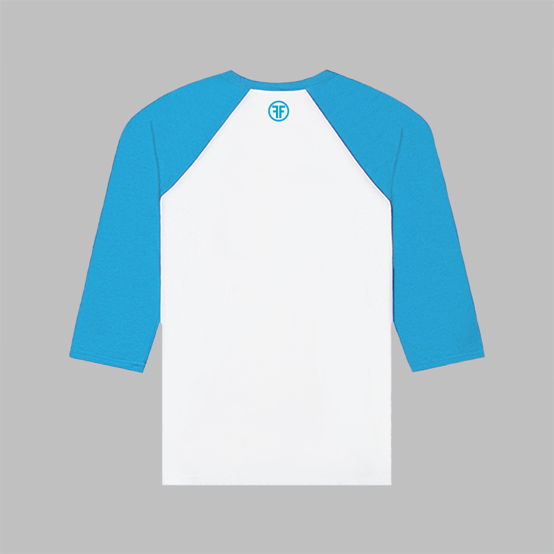 The back of a white baseball t-shirt, with turquoise arms and collar, to show the fit. There is a turquoise logo below the collar, with two Fs back to back in a white circle.