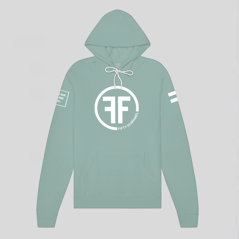 A dusty green hoodie with three white logos. Left arm logo is an equal sign and right arm text says, Fifty 50 Apparel is made for equality. No more, no less, just equal.  Center chest logo has two Fs, back to back, outlined by a thick circle. 