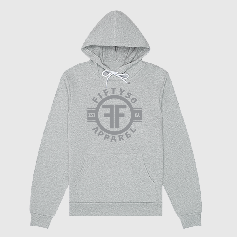 A light grey equality hodie with a grey graphic. The logo is in grey with the text, Fifty50 Apparel Est CA and two Fs, back to back, outlined by a circle. 