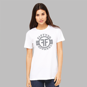 Lady wearing a white equality tshirt with a grey graphic. The logo is in grey with the text, Fifty50 Apparel Est CA and two Fs, back to back, outlined by a circle. 