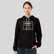 Lady posing in a black equality hoodie with a large center chest logo. The text Born is in Bisque Gold, bold font, while Equal is in Slate Blue, bold font.