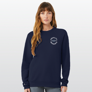 A lady wearing a navy blue equality crew sweatshirt with a left chest circular logo. The text Equality Advocate is in white, bold font, and the text Created Equal is in Slate Blue, bold font.