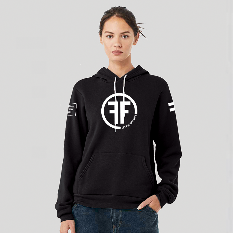 Lady wearing an equality hoodie with a white equal sign on left arm, and the text, Fifty 50 Apparel is made for equality, no more, no less, just equal, on the right arm.  Center chest logo has two Fs, back to back with a circl