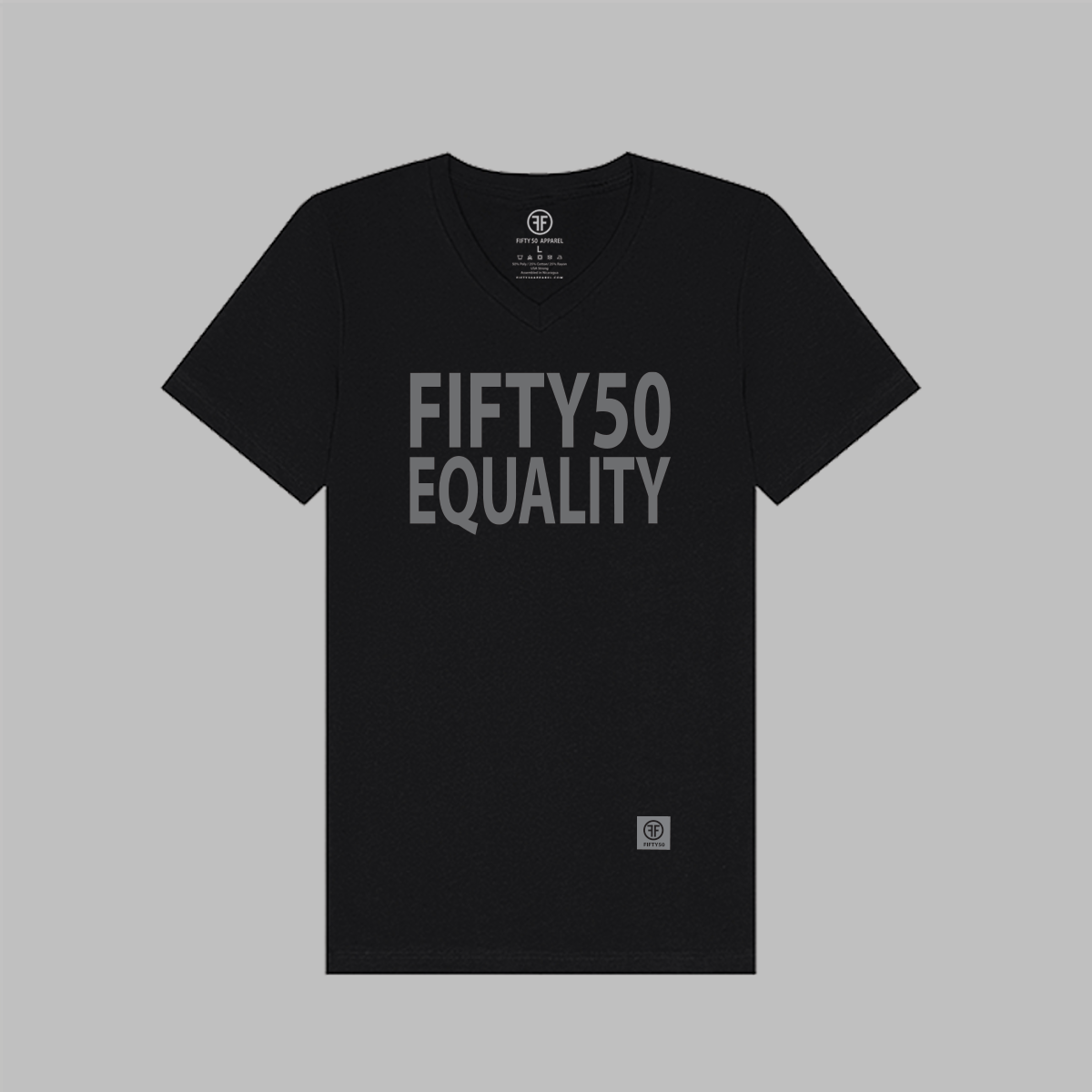 A black v-neck equality tshirt. The text is in large, grey, bold font and says Fifty50 with Equality below it. 